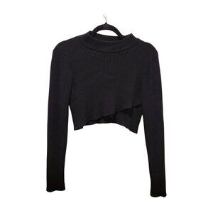 joie black crop long sleeve overlap front rin knit crew neck top sz large l